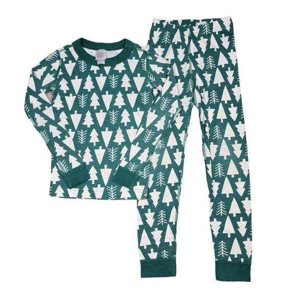 Hanna Andersson Kids Pajamas 120 US 6-7 Christmas Holiday Green White Trees - Picture 1 of 9